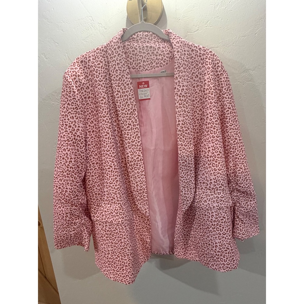 Women Pink Leopard Print Blazer Open Front Long Sleeve Jacket Plus Size 2XL
